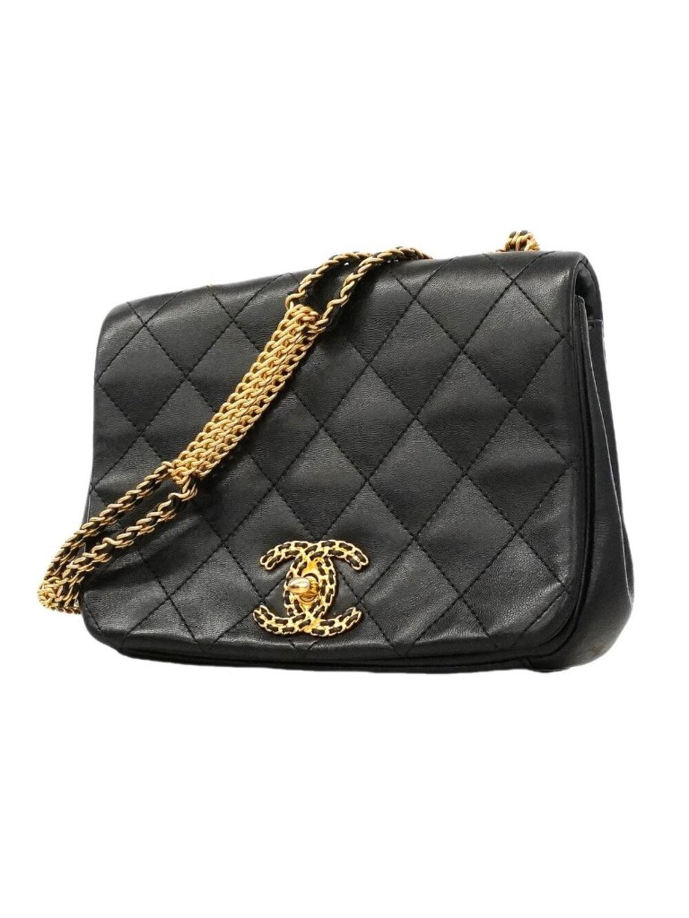 Chanel Shoulder Bag Quilted Lambskin Black Gold
